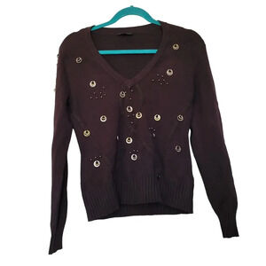 Yuka Womens Embellished Sweater Top Size Small Brown Bronze V-Neck Rayon Blend